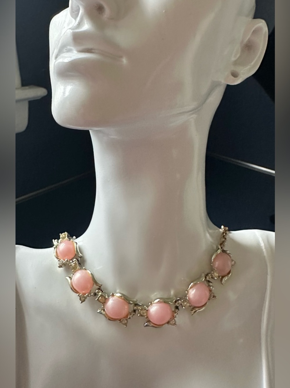 Vintage Pink Moonglow Lucite Thermoset Gold Tone Rhinestone Necklace